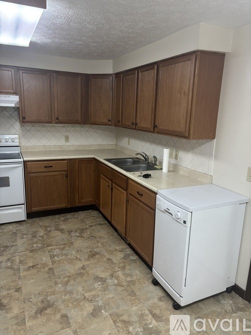 A kitchen with a white dishwasher and brown cabinets.