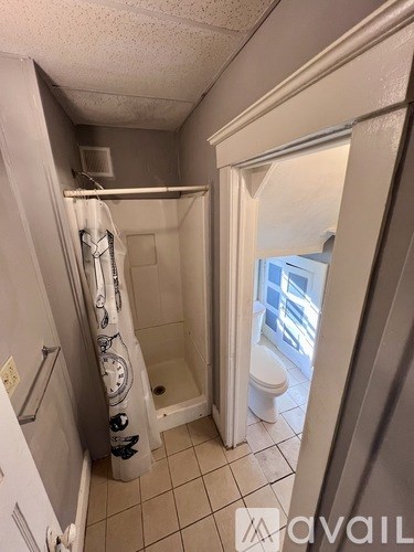 A bathroom with a toilet, shower, and a window.