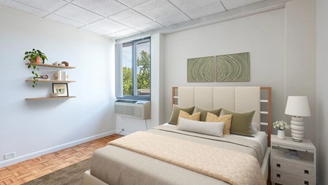 Virtually staged bedroom with a bed, shelves, artwork, and soft neutral decor.