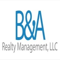 A blue and white logo for B&A Realty Management, LLC.