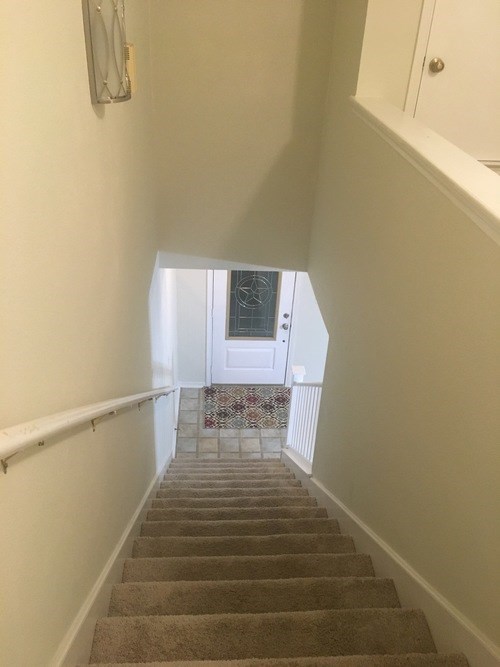 A staircase with a carpeted runner and white handrails.