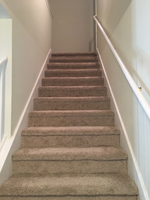 A staircase with a carpeted runner and white handrails.