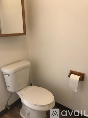 A white toilet with a white tank and a towel rack on the wall.