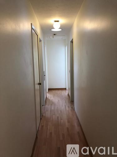 A long hallway with doors on both sides and a light on the ceiling.