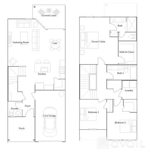 A floor plan of a house with a cafe and a garage.