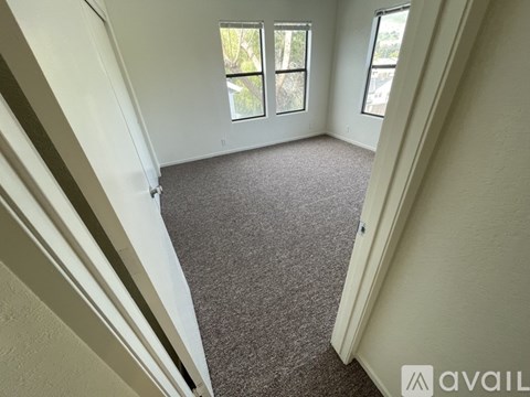 A carpeted room with a window and a door.