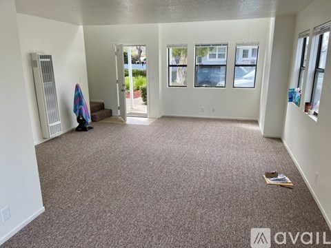 A carpeted room with a window, a door, and a wall-mounted heater.
