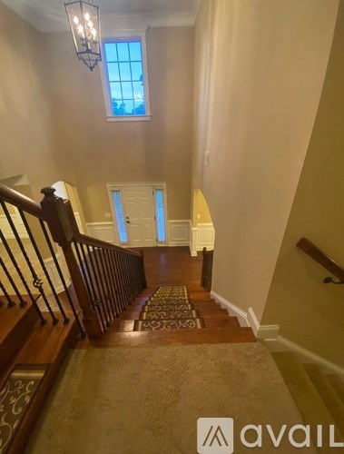 A staircase with a rug and a chandelier.