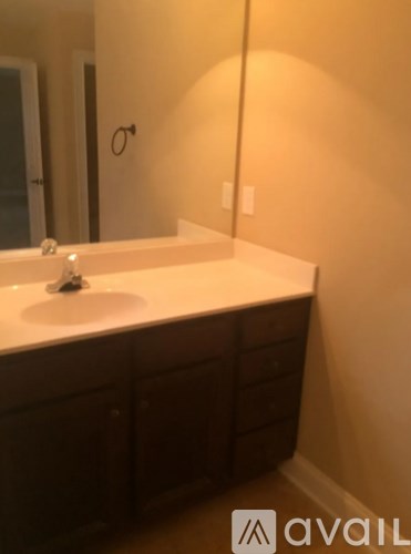 A bathroom with a sink and a mirror.