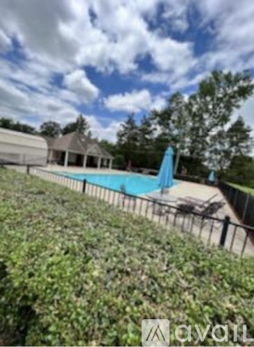 A pool surrounded by a green hedge.