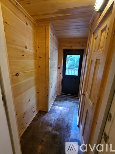 A narrow hallway with wooden walls and a door at the end.