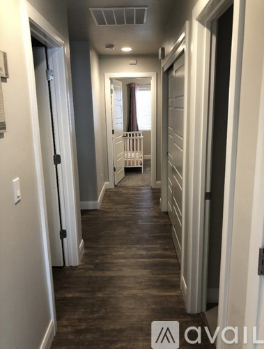 A hallway with a white door on the left and a black door on the right.