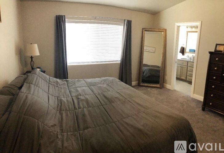 A bedroom with a large bed and a dresser.