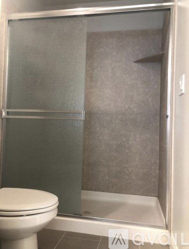 A white toilet sits next to a glass shower door.