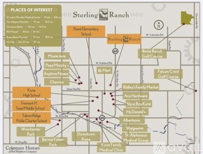 A map of Sterling Ranch with various places of interest and their distances marked.