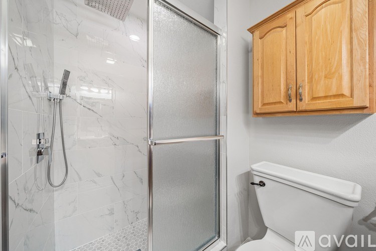 A bathroom with a walk-in shower, toilet, and wooden cabinets.