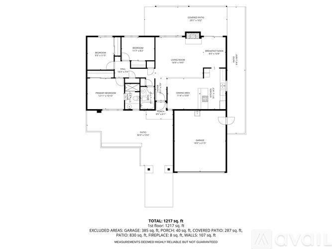 A floor plan of a house with a total area of 1217 square feet.