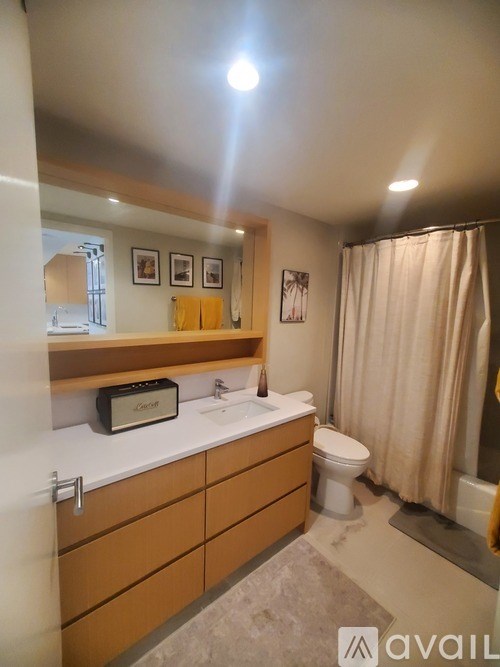 A bathroom with a toilet, sink, and shower curtain.
