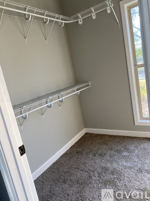 A white closet with a grey carpet and a window.