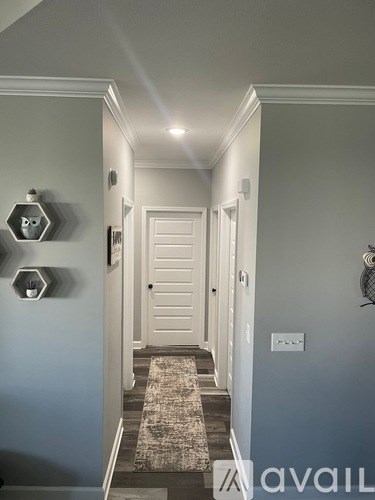 A hallway with a rug and a white door.