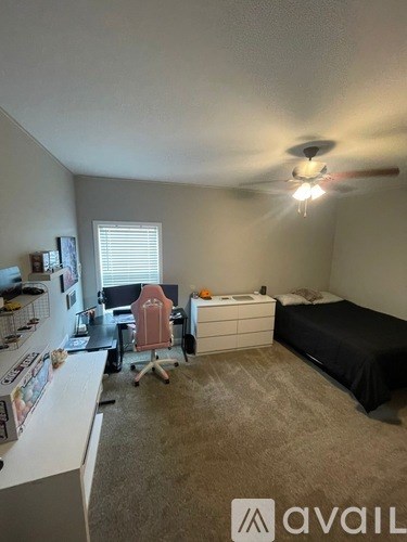 A room with a bed, desk, and chair.