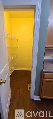 A white door is open to a yellow room with empty shelves.