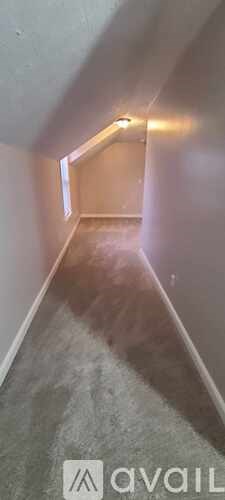 A hallway with a carpeted floor and a wall on the left side.