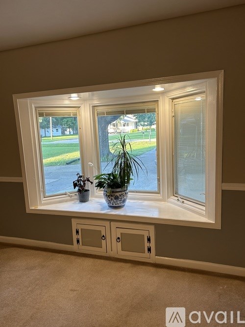 A window with a view of a green lawn and a house.