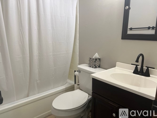 A bathroom with a white toilet, a sink, and a shower curtain.