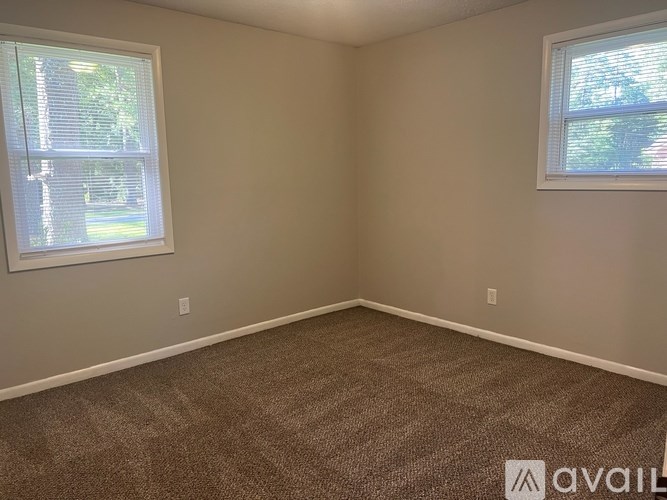 A room with carpeted floor and two windows.
