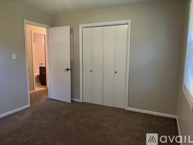 A carpeted room with two doors and a window.