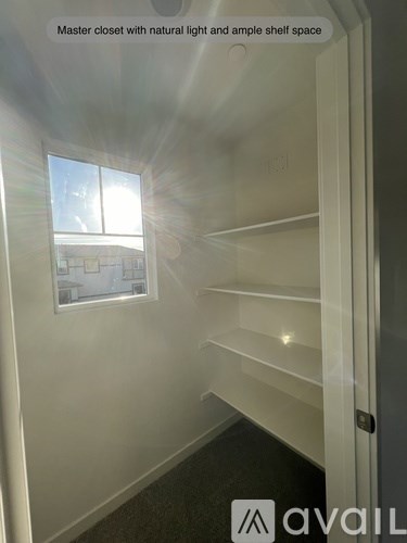 A white closet with a window and shelves.