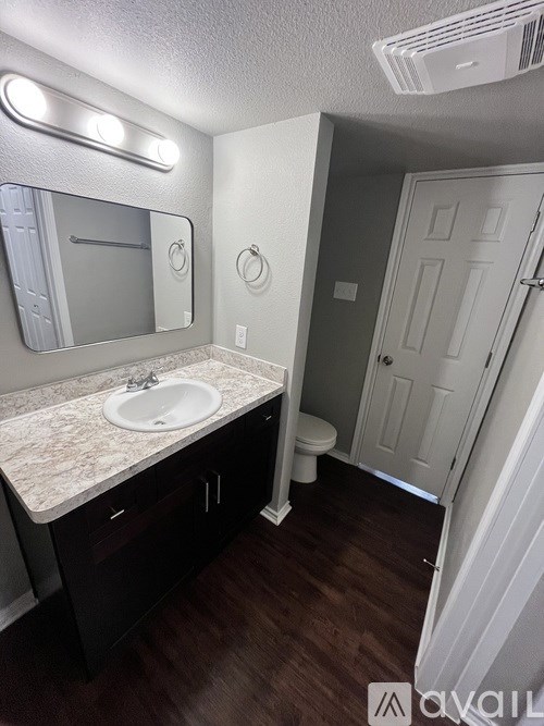 A bathroom with a sink, mirror, and toilet.