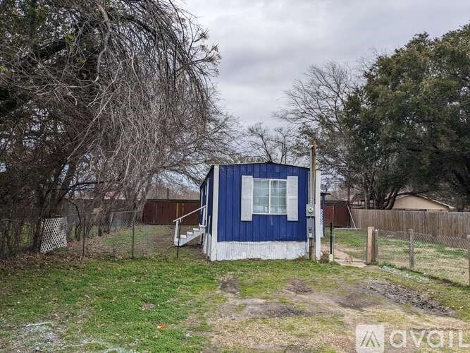 A blue shed sits in a grassy backyard.