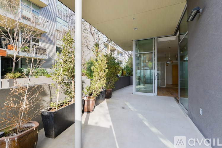 A patio area with a glass door and a planter.
