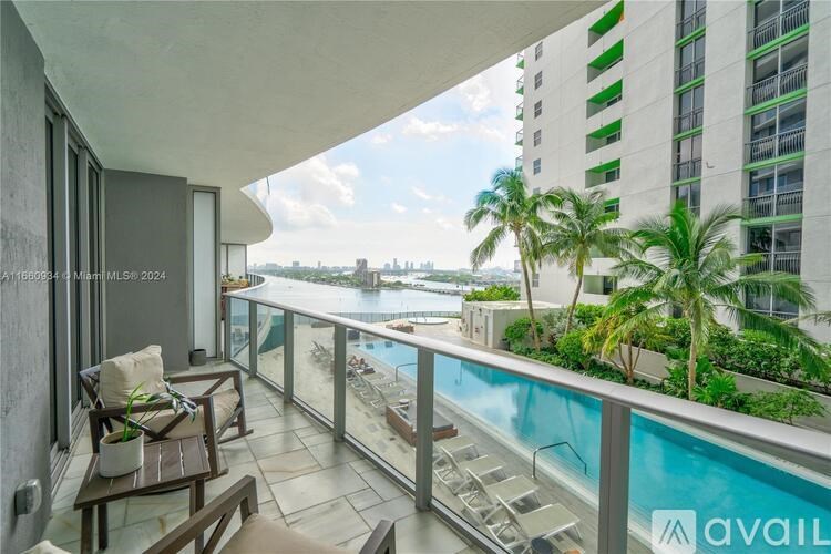 A balcony with a pool and a view of the city.