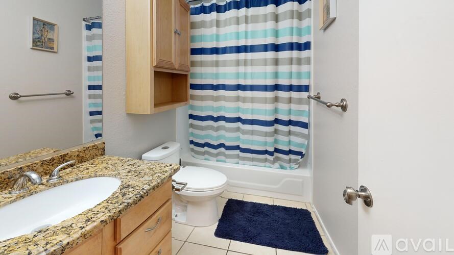 A bathroom with a sink, toilet, and shower curtain.