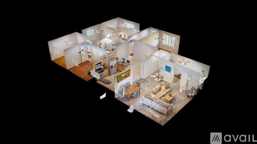 A 3D rendered image of a house interior.