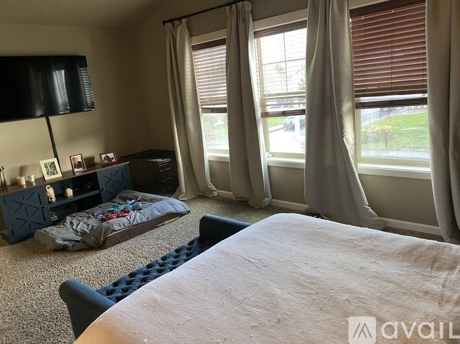 A bedroom with a large bed, a TV, and a window with curtains.