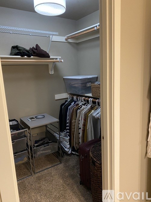A small closet with clothes hanging and a shelf with shoes.