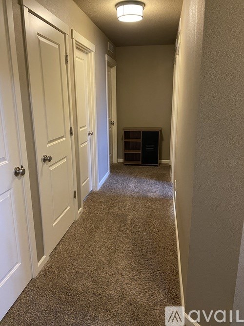 A hallway with carpeted flooring and white doors.