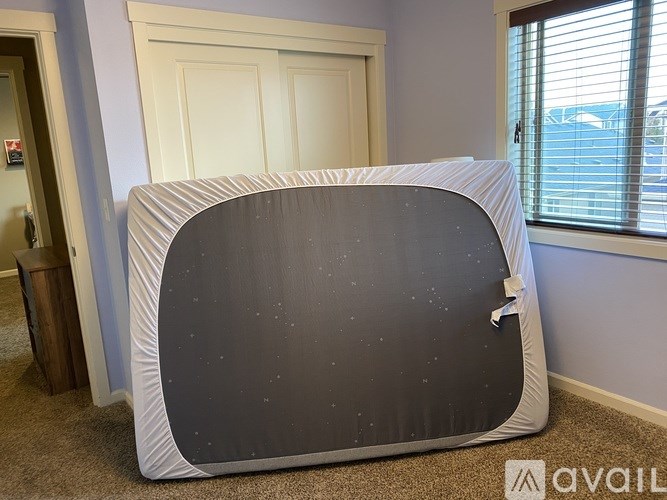 A grey inflatable mattress with a white border is displayed in a room.