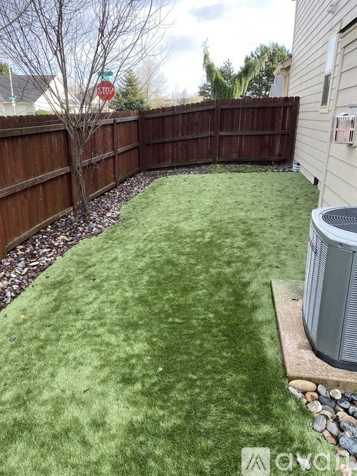 A backyard with a green lawn and a wooden fence.