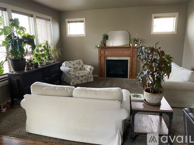 A living room with a white couch, a fireplace, and a potted plant.