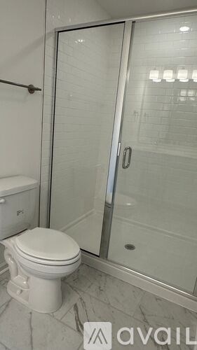 A white toilet in a bathroom with a glass shower door.