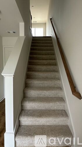 A staircase with a beige carpet and white balusters.