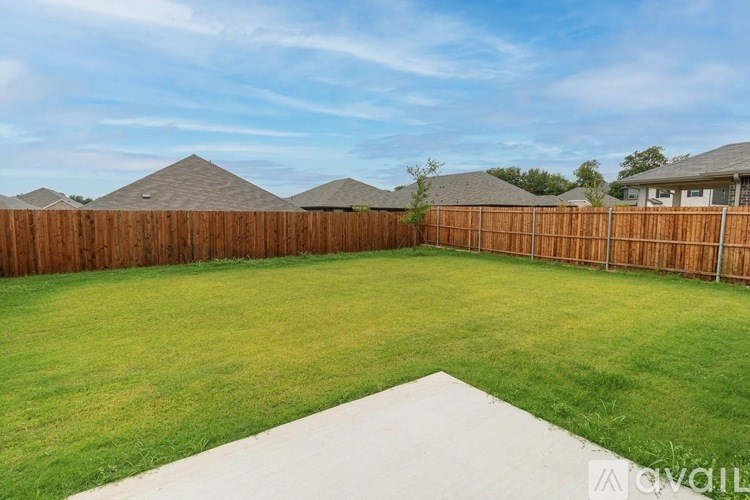 A backyard with a wooden fence and a concrete path.