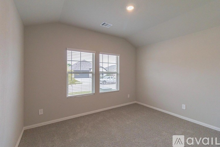 A room with two windows and a carpeted floor.