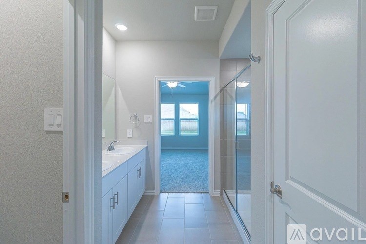 A bathroom with a white sink and a mirror.
