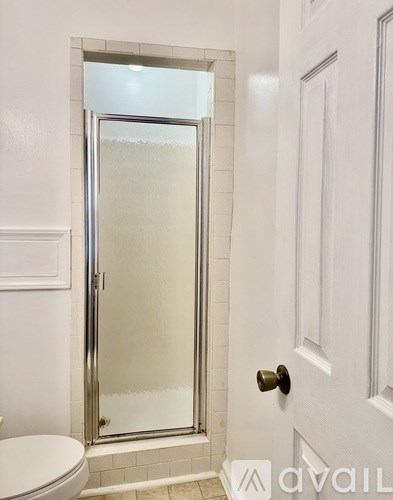 A white door with a glass panel and a brass handle.